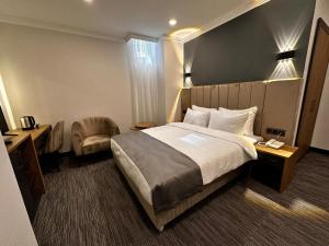 伊斯坦布尔VPLUS HOTEL的配有一张床和一张书桌的酒店客房