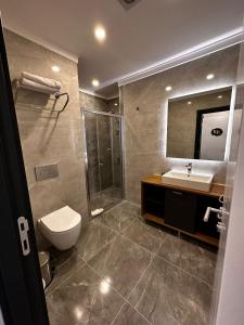 伊斯坦布尔VPLUS HOTEL的浴室配有卫生间、盥洗盆和淋浴。