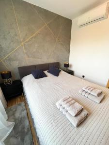 斯诺科Stylowy Apartament w Serocku的卧室配有白色床和毛巾
