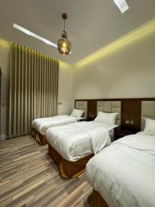 艾卜哈شاليهات فيو的酒店客房设有三张床和窗户。