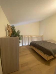 滨海雅尔Appartement au Parc de la Grange的一间卧室配有一张床,铺有木地板