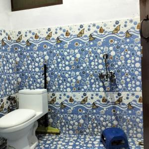 阿尔莫拉Bhanu Village House的一间带卫生间的浴室和蓝色瓷砖墙