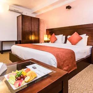 波隆纳鲁沃Suneetha Hotel的一间酒店客房,配有一张床和一盘食物