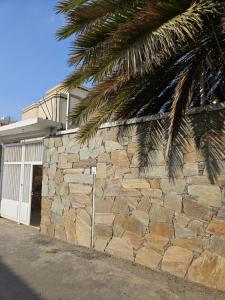Ḩajlahمنزل حجري بحديقتين的棕榈树屋旁的石墙