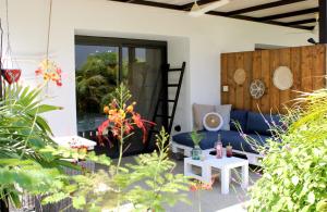克拉伦代克Casa Mantana Bonaire的天井配有蓝色的沙发和桌子