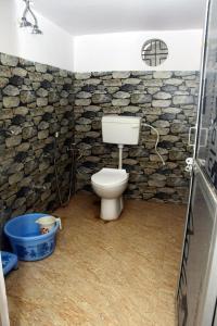AyodhyaMahadev Kripa sadan Homestay & Guest house的一间带卫生间和石墙的浴室
