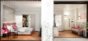 加尔达湖滨Garda Suite Hotel - TonelliHotels的一间卧室设有一张床和一间客厅。