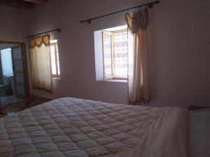 廷吉尔Hotel et Restaurant Riad Amodou的一间卧室设有一张大床和两个窗户。