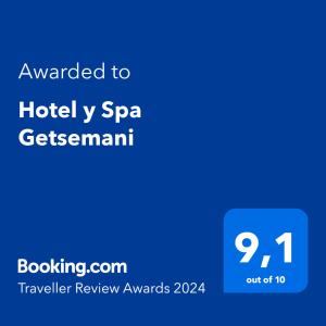 莱瓦镇Hotel y Spa Getsemani的一个蓝色文本框,上面的单词升级为h hotel y spa gsteinmann