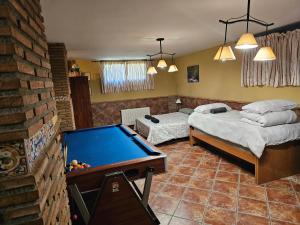 迪拉尔Apto-en el Bajo de la casa-estilo rústico en Dílar的一间带台球桌和两张床的房间