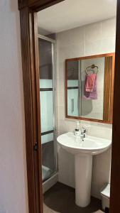 昆卡阿罗加敏托图里斯莫奈壶卡酒店 的一间带水槽、淋浴和镜子的浴室