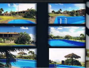楚伊Hosteria Fortin de San Miguel的享有游泳池四景的窗户