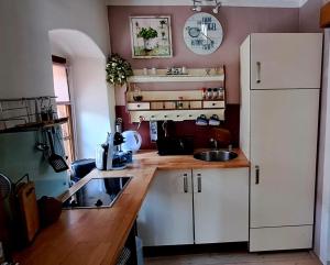 WörterbergGemütlichkeit am Vierkanthof - Apartment 1的厨房配有水槽和白色冰箱