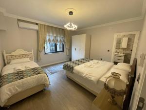 特拉布宗Fuays Villa Premium的一间卧室配有两张床和吊灯。