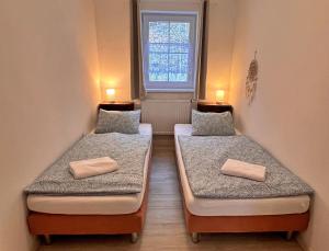 MilešovPenzion Liškův Mlýn的小型客房 - 带2张床和窗户
