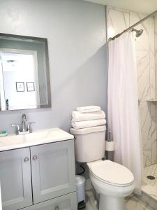 萨拉索塔Studio University Pines at Sarasota的浴室配有卫生间、盥洗盆和淋浴。