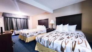 海伦娜Rodeway Inn的酒店客房设有两张床和窗户。