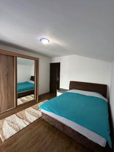 波德戈里察Vila Sekulić的一间卧室配有一张大床和镜子