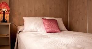 比利亚卡里略Casa rural El Tejar的床上的粉红色枕头