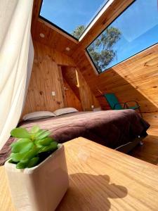 波哥大Guatavita Glamping club的一间卧室配有一张床和一张植物桌子