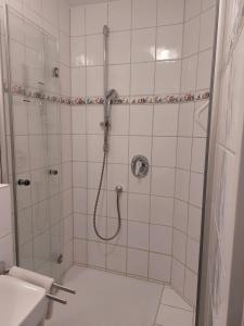 梅尔斯堡Schwabenstuben Doppelzimmer的带淋浴、卫生间和盥洗盆的浴室