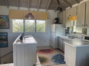 Savannah SoundSunnyside home的厨房配有白色橱柜和白色冰箱。