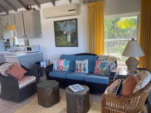 Savannah SoundSunnyside home的客厅配有蓝色的沙发和两把椅子