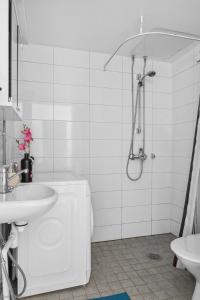 赫尔辛基Happy house的带淋浴和盥洗盆的白色浴室