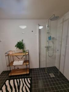奥勒松Central Apartment Ålesund的带淋浴的浴室以及带毛巾的架子。