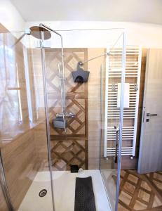 多莫多索拉Domus Mea的带淋浴的浴室和玻璃门