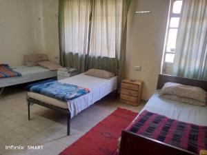 安曼Al Amawi Hostel的一间卧室设有两张单人床和一个窗户。