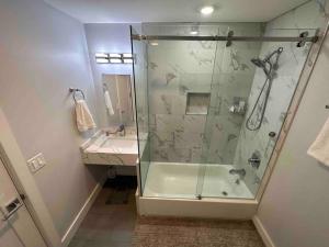 帕特森The Classic Suite: 2BR close to NYC的一间带玻璃淋浴和水槽的浴室