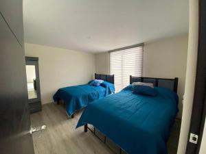 OcotlánPuebla San Francisco Ocotlan, VW. Val'quirico的一间卧室设有两张带蓝色床单的床和窗户。