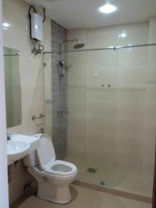 IliganD' Loft Iligan的带淋浴、卫生间和盥洗盆的浴室