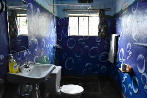 NyakinamaRoom in BB - Red Rocks Rwanda - Double Room with Shared Bathroom的蓝色的浴室设有卫生间和水槽