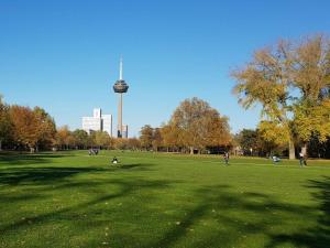科隆Dream view over Cologne的一群人,在公园里,塔楼在后面