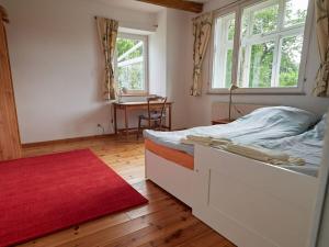 利嫩Holperdorp Modern retreat的一间卧室配有一张红色地毯和一张书桌