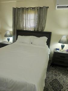 法尔茅斯Stonebrook Villa的一间卧室配有一张带两盏灯的大型白色床。