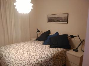 拉科鲁尼亚loft-duplex playa OZA.的一间卧室配有一张带蓝色枕头的床