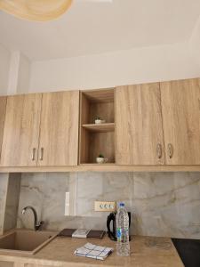 凯法洛斯Christina Studios的一个带木制橱柜的厨房台和一瓶水
