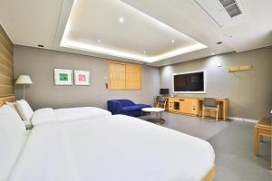 釜山Seomyeon IB Hotel的配有一张床和一台平面电视的酒店客房