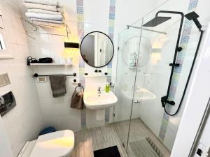 西迪·布·赛义德Cosy S3 Apartment in Sidi Bou Said Village的带淋浴、盥洗盆和镜子的浴室