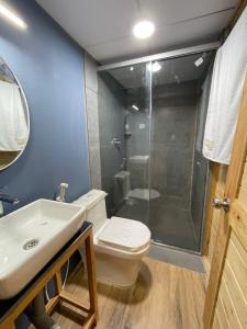 科代卡纳尔L.T NATURE GLAMPS的带淋浴、卫生间和盥洗盆的浴室