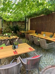 RödelseeGasthaus Winzerstube & Hotel的庭院设有木桌和植物椅子
