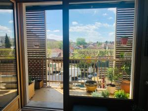 蒙特勒伊Appart 61 m2, lumineux, sans vis à vis, balcon的阳台的窗户,种植了盆栽植物