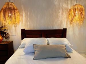 圣玛尔塔Hermosa habitación en casa campestre con piscina cerca al aeropuerto的一张带白色床单的床和两个枕头