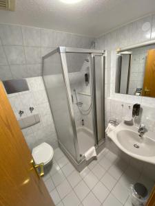 布莱特瑙Hotel Faller的带淋浴、卫生间和盥洗盆的浴室