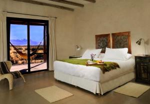 图努扬Bodega Alpasión Lodge y Glamping的一间卧室配有一张床,享有长颈鹿的景色