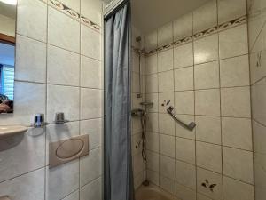 阿姆斯特丹Di-Ann City Centre Hotel的带淋浴和盥洗盆的浴室