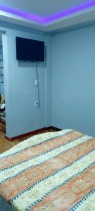里奥班巴Suite Privada Riobamba的一间设有床铺的客房,墙上配有电视